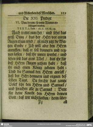 Die XXI. Predigt VI. Von denen, so vom Wetter erschlagen werden