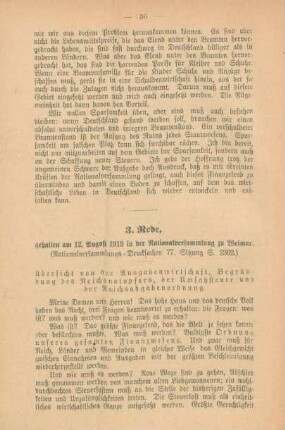 3. Rede, gehalten am 12. August 1919 in der Nationalversammlung zu Weimar
