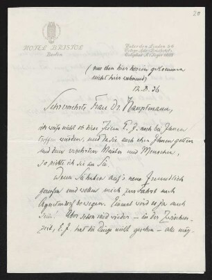 Brief von Rudolf G. Binding an Margarete Hauptmann