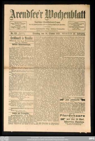 Arendsee'r Wochenblatt, Nr. 123. Dienstag, den 18. Oktober 1921.