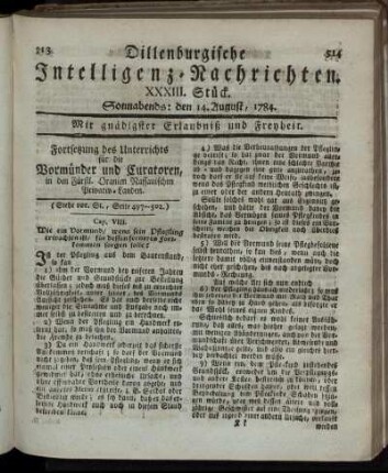 XXXIII. Stück. Sonnabends: den 14. August, 1784.
