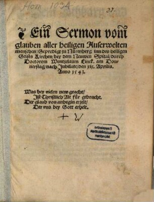 Ein Sermon vom Glauben aller heiligen Auserwelten menschen