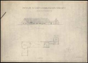 Ostdeutsches Forstamt Schinkelwettbewerb 1944: Forstsekretär-Gehöft. Ansicht von NW, Grundriss DG 1:200