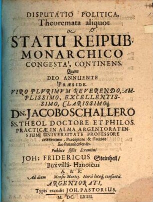 Disputatio Politica, Theoremata aliquot De Statu Reipub. Monarchico Congesta, Continens