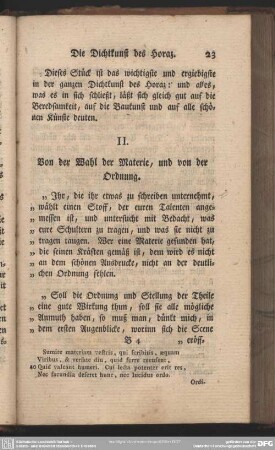 II. Von der Wahl der Materie, und von der Ordnung