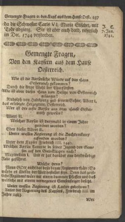 Gemengte Fragen, Von den Kaysern aus dem Hause Oesterreich