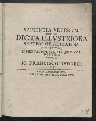 Sapientia Veterum, Hoc Est Dicta Illustriora Septem Graeciae Sapientum