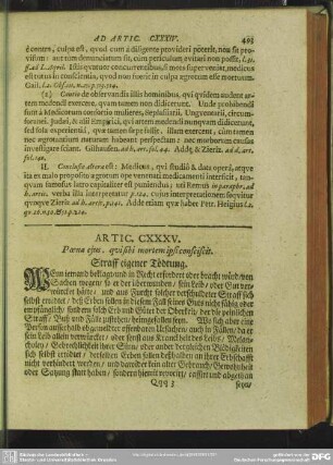 Artic. CXXXV. Poena eius, qui sibi mortem ipsi consciscit. Straff eigener Tödtung