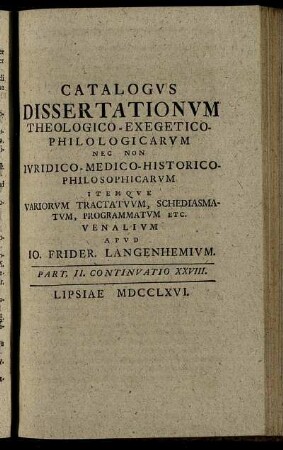 Part. II. Continuatio XXVIII. Lipsiae MDCCLXVI.