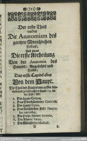 Der erste Theil tractirt Die Anatomiam des gantzen Menschlichen Leibes