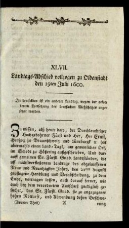 XLVII. Landtags-Abschied vollzogen zu Oldenstadt den 19ten Julii 1600.