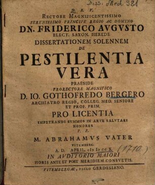 Dissertationem Solennem De Pestilentia Vera