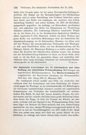 586-587 [Rezension] Grabmann, Martin, Der lateinische Averroismus des 13. Jahrhunderts und seine Stellung zur christlichen Weltanschauung