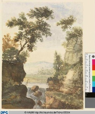 Flusslauf in einer baumbewachsenen Berglandschaft