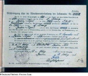Betriebsbuch der Schnellzug-Lokomotive 01 005. Ungezähltes Blatt vom 19.03.1926 betreffs Abnahmeuntersuchung : Betriebsbuch der Schnellzug-Lokomotive 01 005. Ungezähltes Blatt vom 19.03.1926 betreffs Abnahmeuntersuchung. Dokument zum Eisenbahn-Museumsfahrzeug des Verkehrsmuseums Dresden