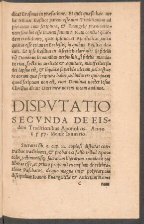 Disputatio Secunda De Eisdem Traditionibus Apostolicis.