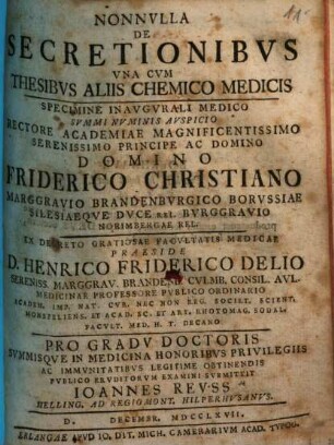 Nonnvlla De Secretionibvs Vna Cvm Thesibvs Aliis Chemico Medicis : ... Praeside D. Henrico Friderico Delio ... Svbmittit Ioannes Revss, Helling Ad Regiomont. Hilperhvsanvs ...
