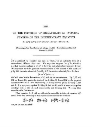 Paper XIII. On the Criterion of Resolubility in Integral Numbers of the Indeterminate Equations f = ax2 + a'z ...