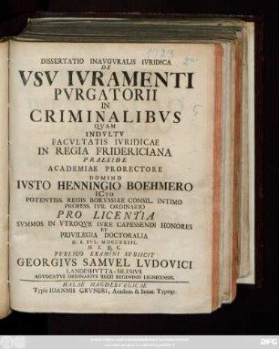 Dissertatio Inavgvralis Ivridica De Vsv Ivramenti Pvrgatorii In Criminalibvs