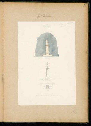 Laufbrunnen, Berlin Monatskonkurrenz April 1855: Grundriss, Aufriss Vorderansicht, Seitennsicht; Maßstabsleiste