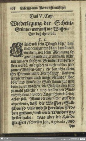 Das V. Cap. Wiederlegung der Schein-Gründe, worauff die Waffen-Cur bestehen soll