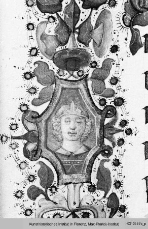 Missale Romanum : Buchseite mit Randbordüre, Text und historisierten Initialen A und E mit König David, der seine Seele Gottvater entgegenstreckt sowie Propheten