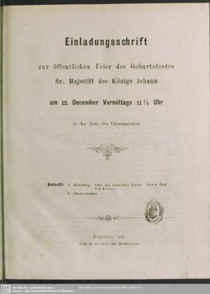 1869: Einladungsschrift zur öffentlichen Feier des Geburtsfestes Sr. Majestät des Königs Johann : am ...