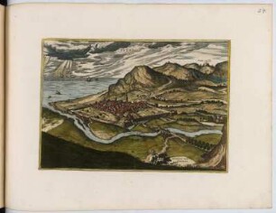 Vogelschaubild von Pesaro, kolorierter Kupferstich, um 1682 : Pezaro / Depingebat Geor. Hoefnagle - [Amsterdam] : [Bÿ d' Erfsgenamen van Joannes Janssonius van Waesberge], [1682]. - 1 Vogelschaubild : Kupferstich. ; 39 x 27 cm (Karte) +++ NE oben
