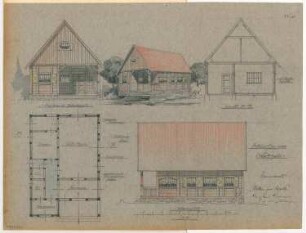 Wartehalle Monatskonkurrenz Februar 1908: Grundriss, Aufriss Vorderansicht, Seitenansicht, Querschnitt 1:50; perspektivische Ansicht; Maßstabsleiste