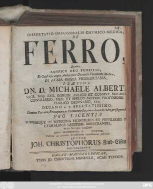 Dissertatio Inauguralis Chymico-Medica, De Ferro