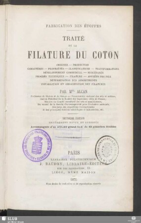 Texte: Traité complet de la filature du coton