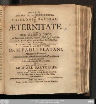 Dissertatio Philosophica Ex Theologia Naturali De Aeternitate