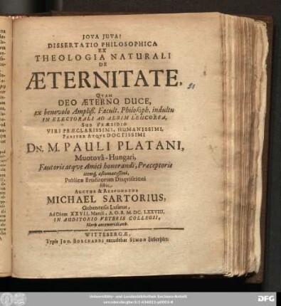 Dissertatio Philosophica Ex Theologia Naturali De Aeternitate