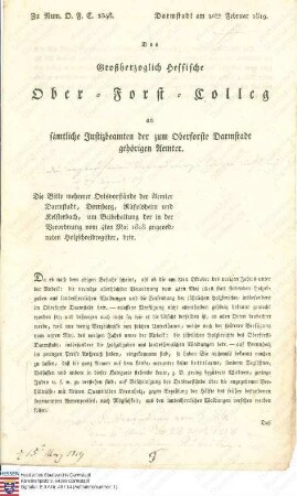 Verordnung an sämtliche Justizbeamte des Oberforstes Darmstadt mit dem Ersuchen, das am 4. Mai 1818 angeordnete Holzschreibregister weiter beizubehalten