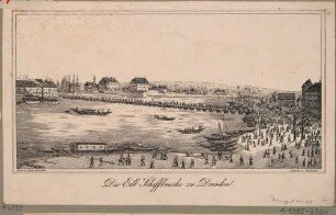 Die Behelfsbrücke in Dresden nach der Beschädigung der Augustusbrücke durch das Hochwasser 1845, Blick vom Belvedere nach Nordosten