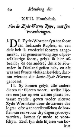 XVII. Hooft-stuk. Van de Zyde-Worms Rups, met syn veranderingen