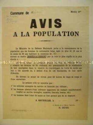 Maueranschlag für Belgien am 10.5.1940 mit dem Aufruf zur Einschreibung als Rekruten an alle Männer zwischen 16 und 30 Jahren (einsprachig)