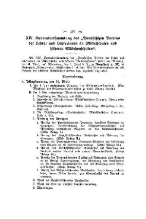 XIV. Generalversammlung des "Preußischen Vereins der Lehrer und Lehrerinnen an Mittelschulen und höheren Mädchenschulen"