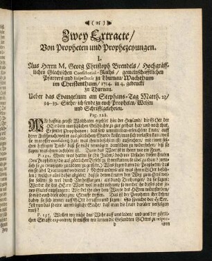 25-38, Zwey Extracte / Von Propheten und Prophezeyungen.