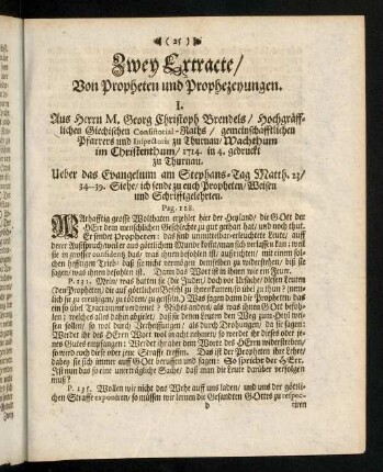 25-38, Zwey Extracte / Von Propheten und Prophezeyungen.