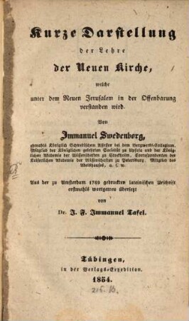 Kurze Darstellung der Lehre der Neuen Kirche, welche unter dem Neuen Jerusalem in der Offenbarung verstanden wird
