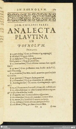 Joh. Philippi Parei Analecta Plautina In Poenolum