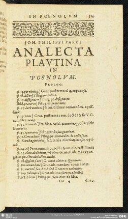 Joh. Philippi Parei Analecta Plautina In Poenolum
