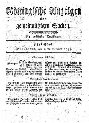 41stes Stück. Sonnabend, den 14ten October 1775.