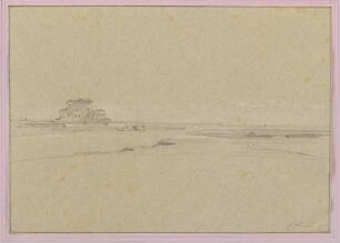 Flachlandschaft mit Fluss und Haus