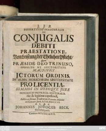 Dissertatio Inauguralis De Conjugalis Debiti Praestatione