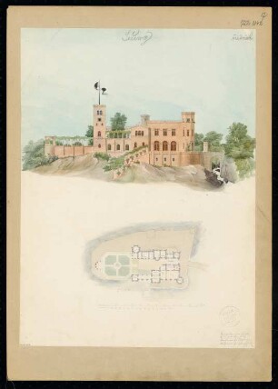 Burg Monatskonkurrenz Juli 1842: Grundriss, Aufriss Hauptansicht; 2 Maßstabsleisten
