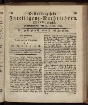 XXXVIII. Stück. Sonnabends: den 19. Sept., 1789.