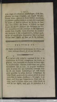 Section IX. Des Eglises particulieres ou Communes des Freres, de leurs différens Choeurs, & de leur direction