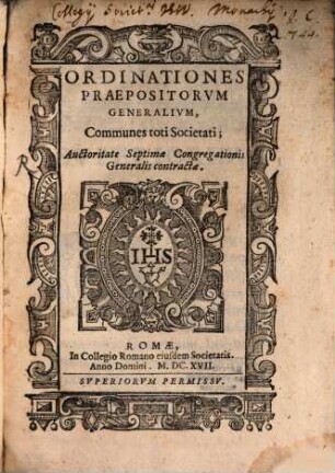 Ordinationes Praepositorum Generalium, Communes toti Societati : Auctoritate Septimae Congregationis Generalis contractae
